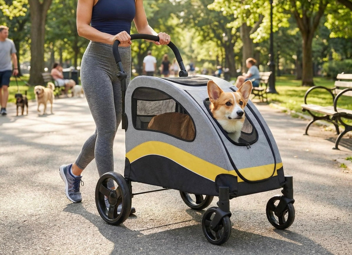 One-Click Foldable Pet Stroller for Medium & Large Dogs with Storage and Shock Absorption