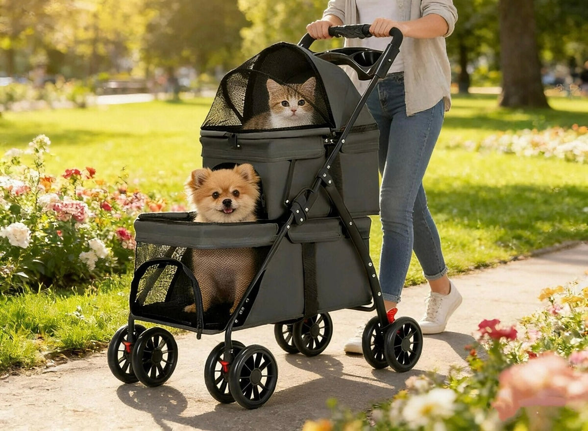 2-Seater Foldable Pet Stroller with Lockable Wheels